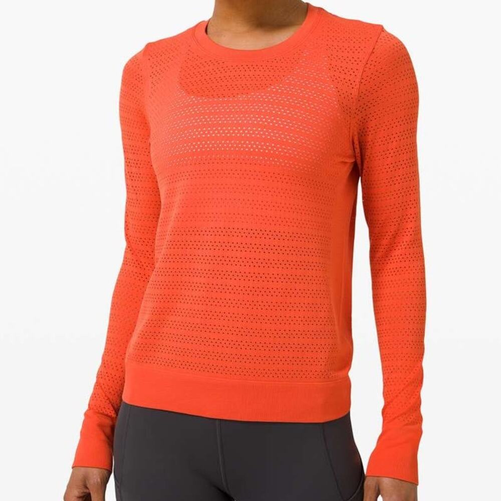 Lululemon Breeze By Long Sleeve Shirt Women's Size 10 Orange Mesh Crew neck